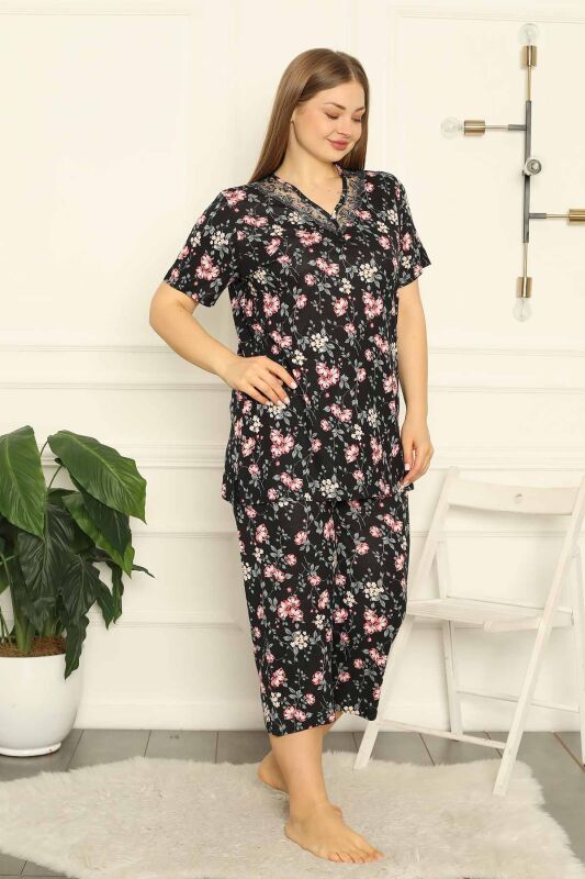 Bahar Dalı Siyah BATTAL Bermuda Bayan Pijama Takımı 2708BB - 3