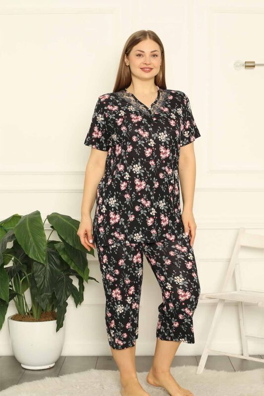 Bahar Dalı Siyah BATTAL Bermuda Bayan Pijama Takımı 2708BB - 1