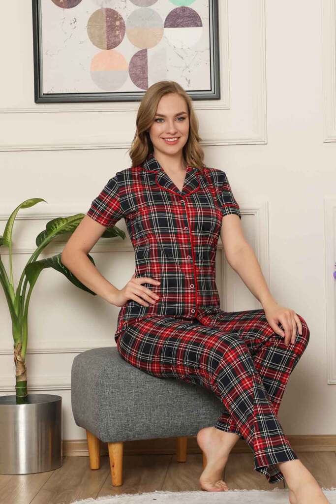 Bayan Pijama Takım - Ekoseli Önden Düğmeli Penye Kısa Kollu 2523KY - 2