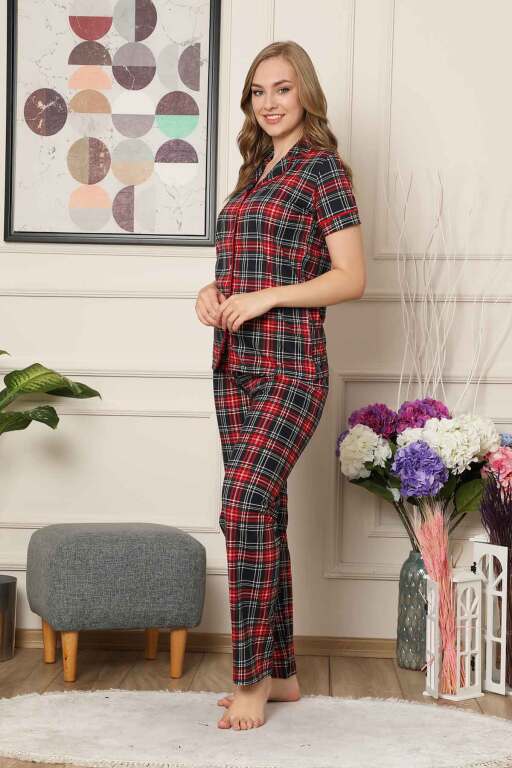 Bayan Pijama Takım - Ekoseli Önden Düğmeli Penye Kısa Kollu 2523KY - 3