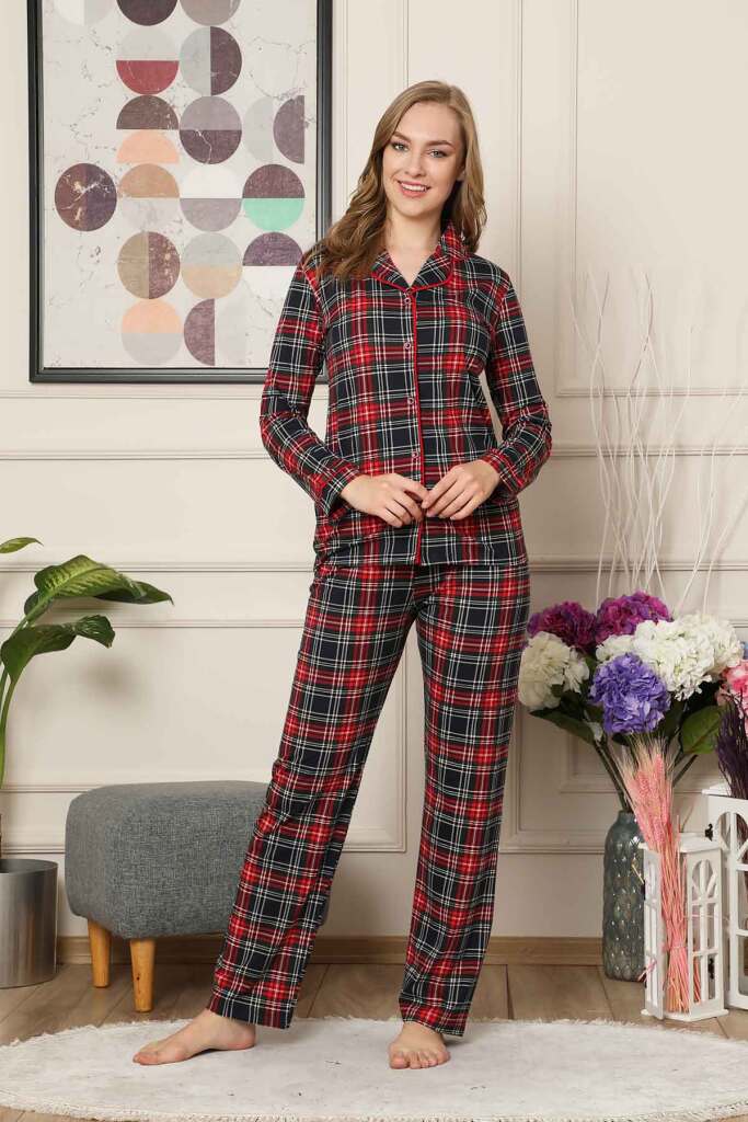 Bayan Pijama Takım - Ekoseli Önden Düğmeli Penye Uzun Kollu 2523UY - 4