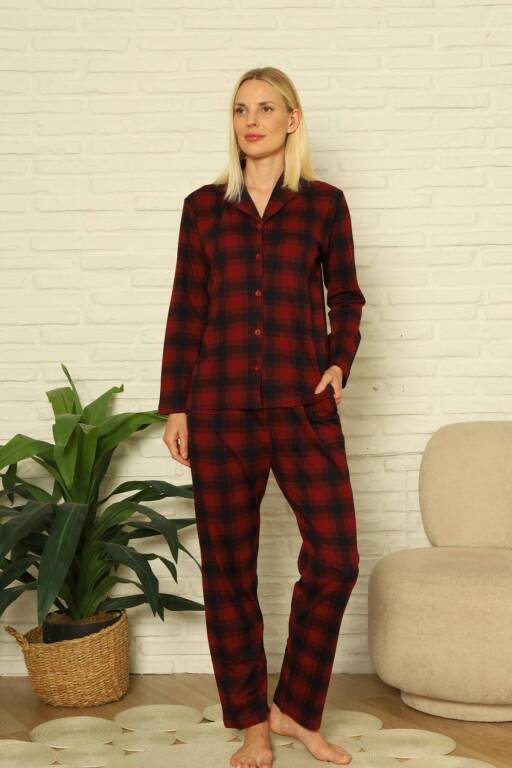Bayan Pijama Takım - Ekoseli Önden Düğmeli Penye Uzun Kollu 2916UY - Alimer