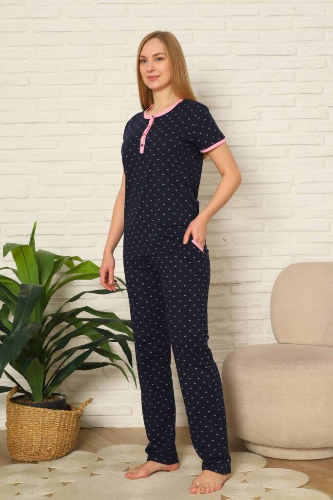 Bayan Pijama Takım - Fiyonk baskılı Kısa Kol Penye 2801KY - 2
