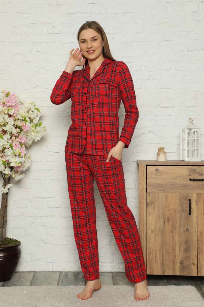 Bayan Pijama Takım - Kırmızı Kareli Önden Düğmeli Penye Uzun Kollu 2563UY - 1
