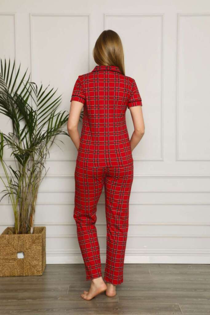 Bayan Pijama Takım - Kırmızı Kareli Önden Düğmeli Penye Kısa Kollu 2563KY - 4