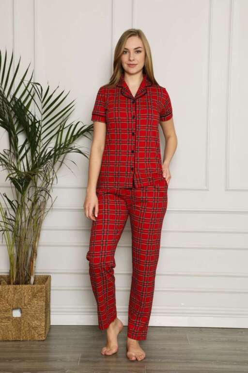 Bayan Pijama Takım - Kırmızı Kareli Önden Düğmeli Penye Kısa Kollu 2563KY - 1