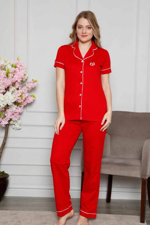 Bayan Pijama Takımı - Kırmızı Önden Düğmeli Kısa Kol Likralı Penye 2577KY - Alimer