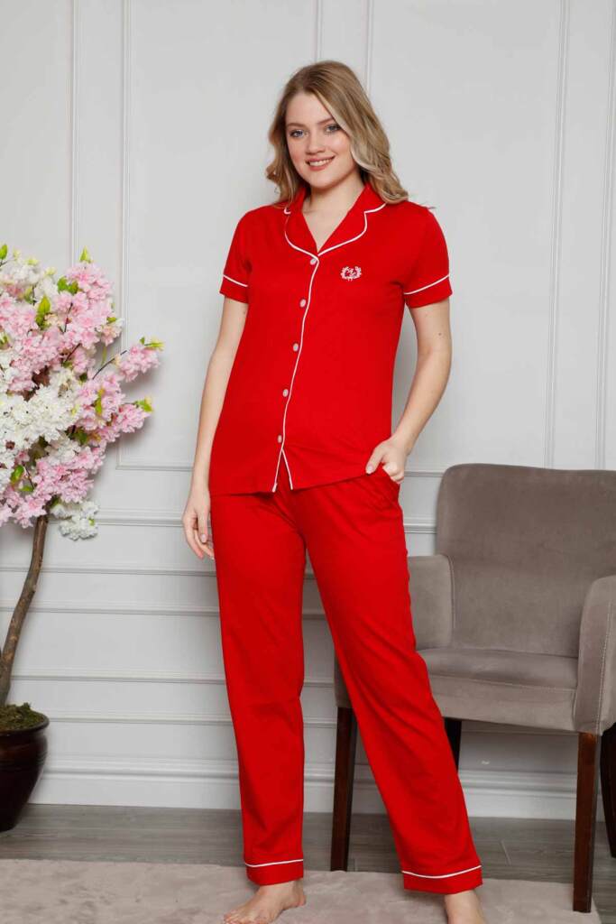 Bayan Pijama Takımı - Kırmızı Önden Düğmeli Kısa Kol Likralı Penye 2577KY - 4