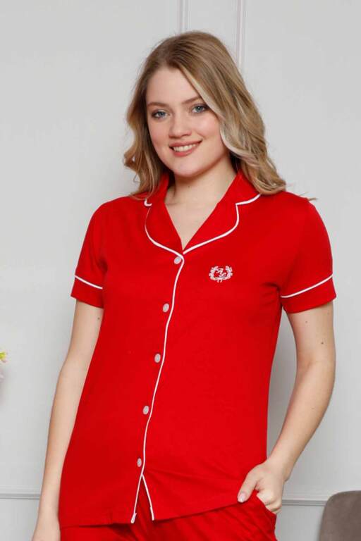 Bayan Pijama Takımı - Kırmızı Önden Düğmeli Kısa Kol Likralı Penye 2577KY - Alimer (1)