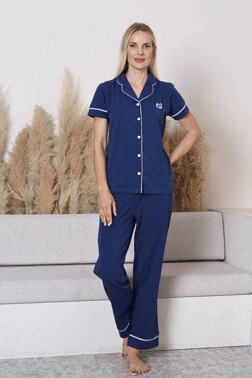 Bayan Pijama Takımı - Mavi Önden Düğmeli Kısa Kol Likralı Penye 2577KY - 3