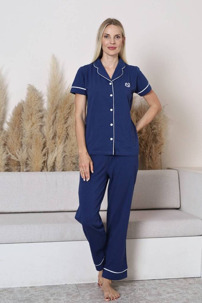 Bayan Pijama Takımı - Mavi Önden Düğmeli Kısa Kol Likralı Penye 2577KY - 3