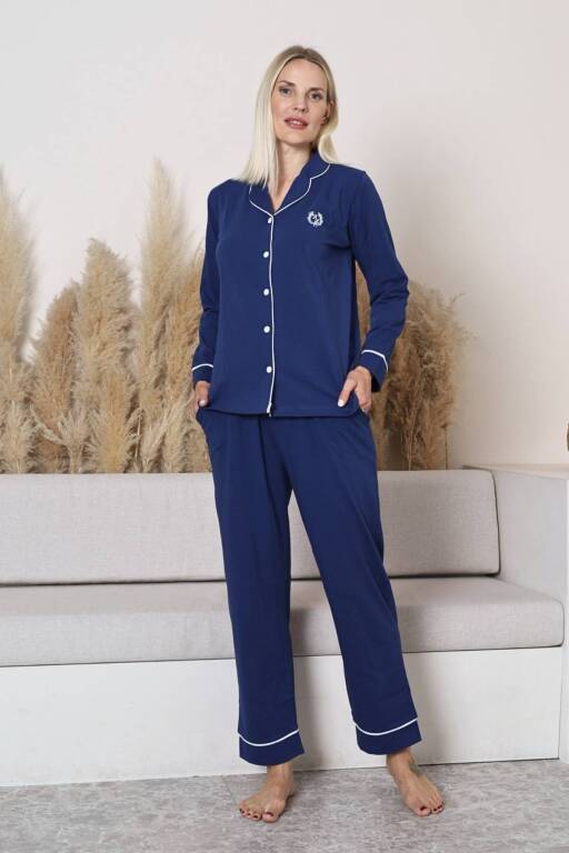 Bayan Pijama Takımı - Mavi Önden Düğmeli Uzun Kollu Likralı Penye 2577UY - Alimer
