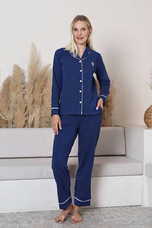 Bayan Pijama Takımı - Mavi Önden Düğmeli Uzun Kollu Likralı Penye 2577UY - Alimer (1)