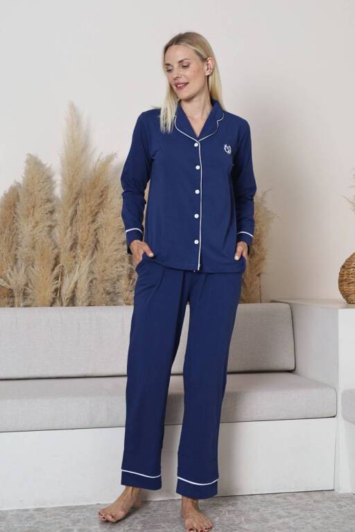 Bayan Pijama Takımı - Mavi Önden Düğmeli Uzun Kollu Likralı Penye 2577UY - 4