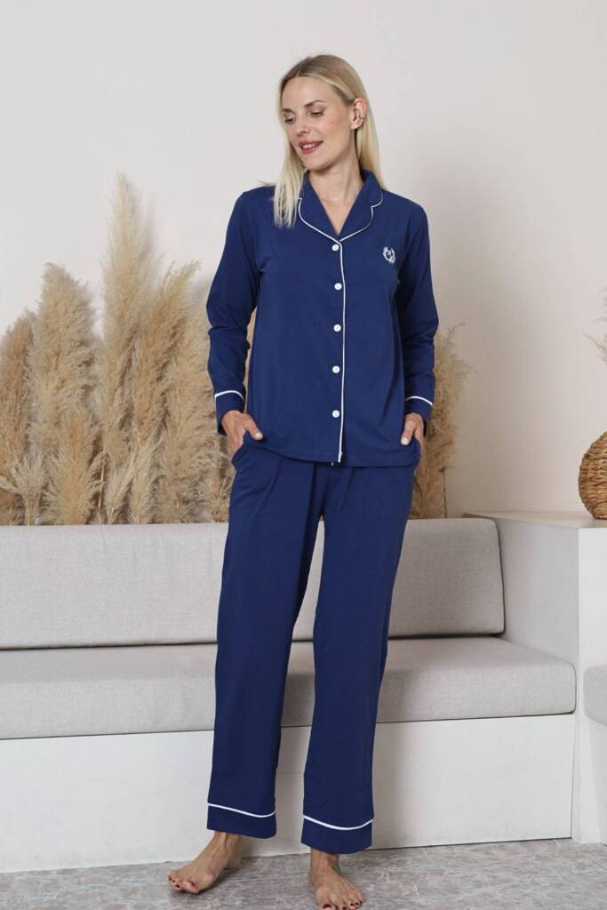 Bayan Pijama Takımı - Mavi Önden Düğmeli Uzun Kollu Likralı Penye 2577UY - 4