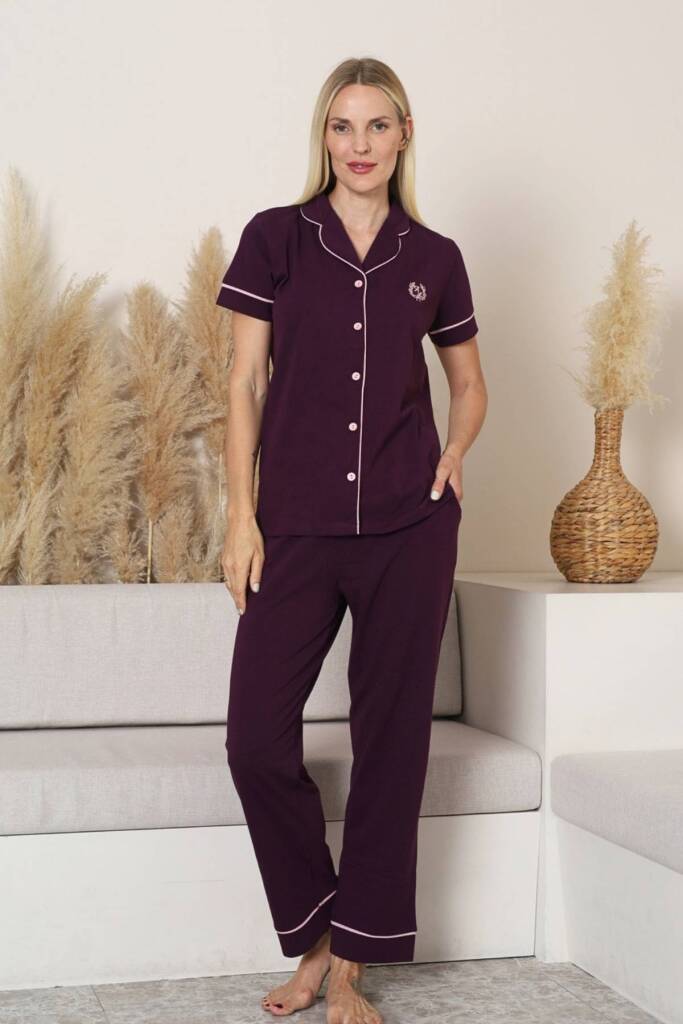 Bayan Pijama Takımı - Mor Önden Düğmeli Kısa Kol Likralı Penye 2577KY - 1