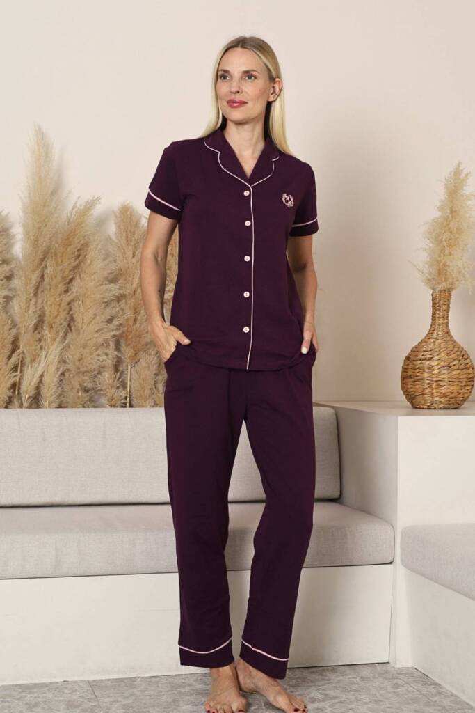 Bayan Pijama Takımı - Mor Önden Düğmeli Kısa Kol Likralı Penye 2577KY - 2