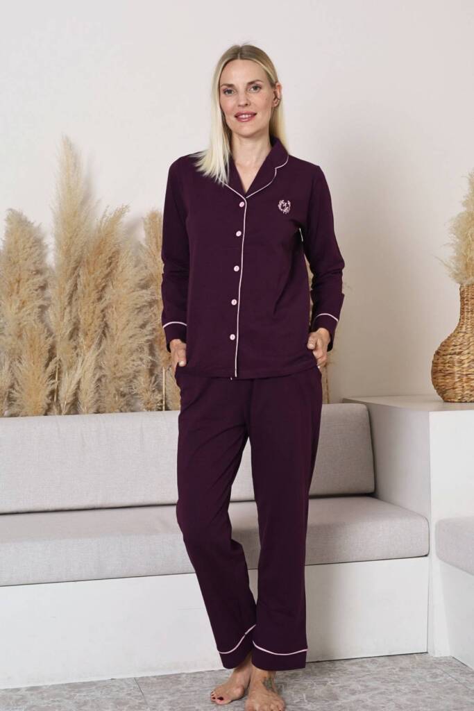 Bayan Pijama Takımı - Mor Önden Düğmeli Uzun Kollu Likralı Penye 2577UY - 1