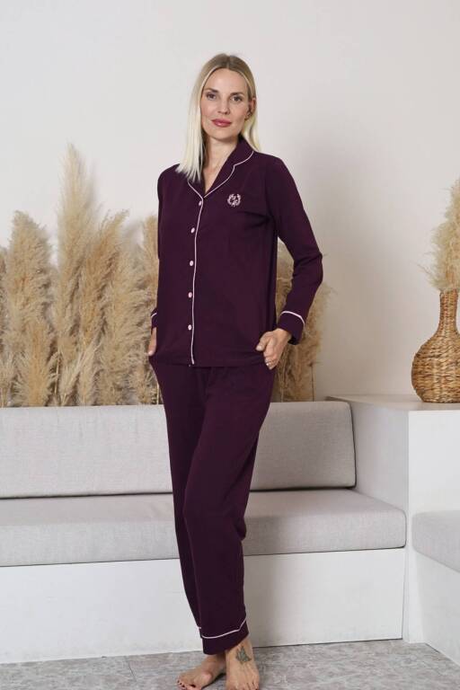 Bayan Pijama Takımı - Mor Önden Düğmeli Uzun Kollu Likralı Penye 2577UY - Alimer (1)
