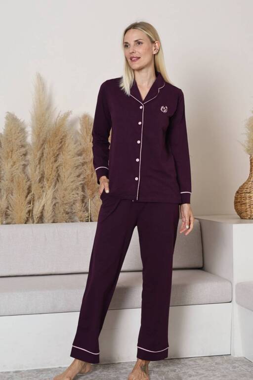 Bayan Pijama Takımı - Mor Önden Düğmeli Uzun Kollu Likralı Penye 2577UY - 3