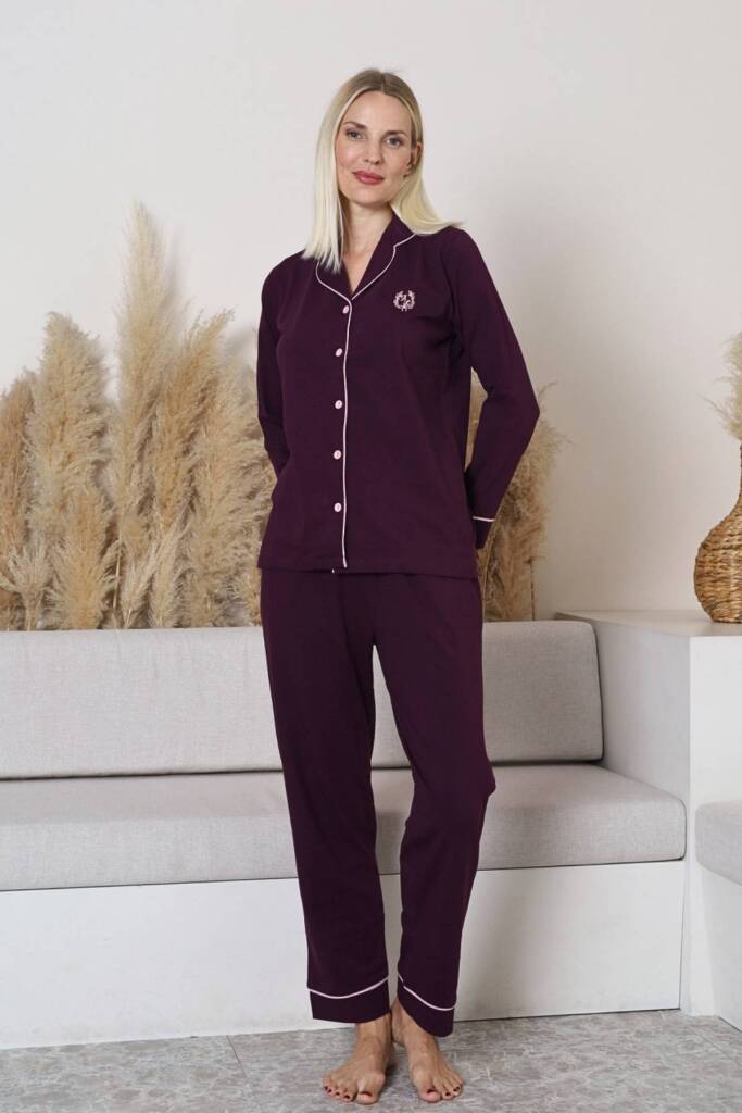 Bayan Pijama Takımı - Mor Önden Düğmeli Uzun Kollu Likralı Penye 2577UY - 4