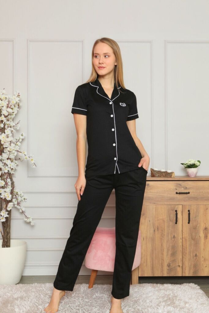 Bayan Pijama Takımı - Siyah Önden Düğmeli Kısa Kol Likralı Penye 2577KY - 1