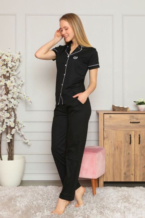 Bayan Pijama Takımı - Siyah Önden Düğmeli Kısa Kol Likralı Penye 2577KY - 4
