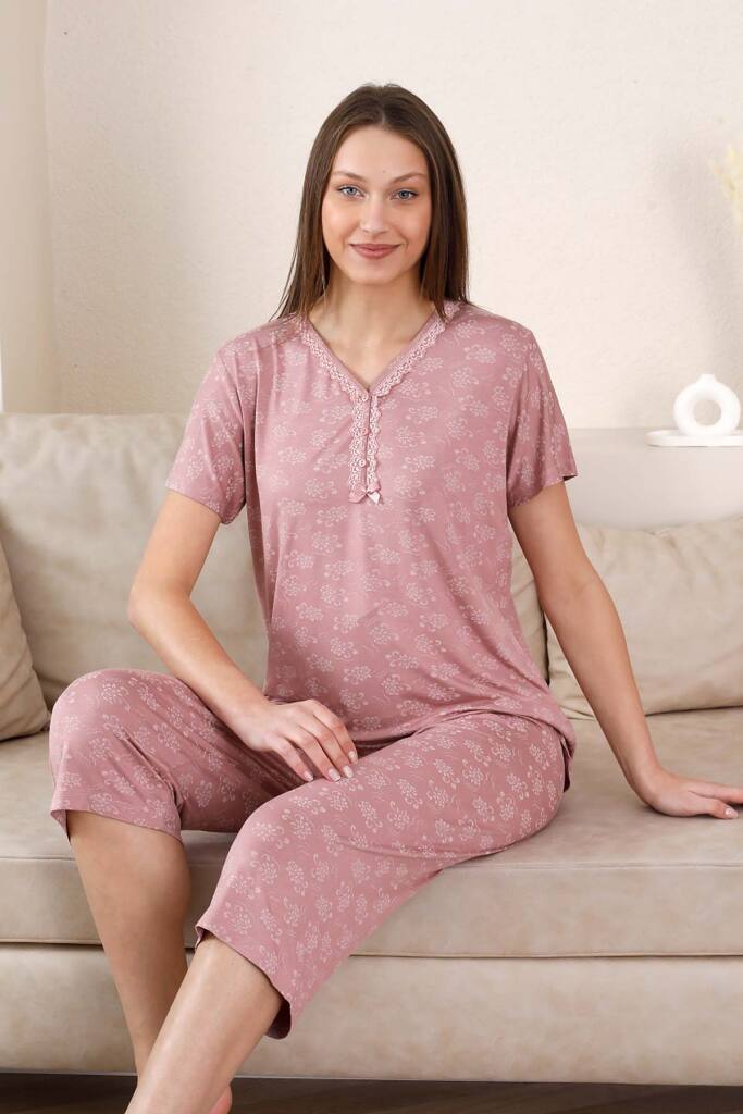 Bermuda Bayan Pijama Takımı - Gülkurusu Çiçek Desen Likralı Viskon 2851B - 2