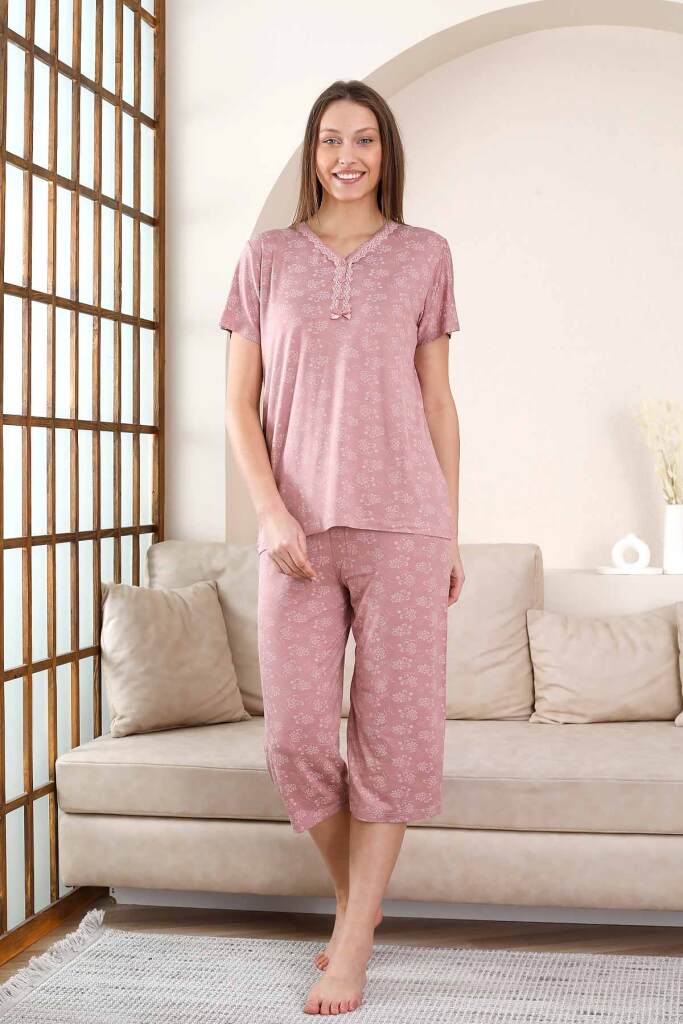 Bermuda Bayan Pijama Takımı - Gülkurusu Çiçek Desen Likralı Viskon 2851B - 4