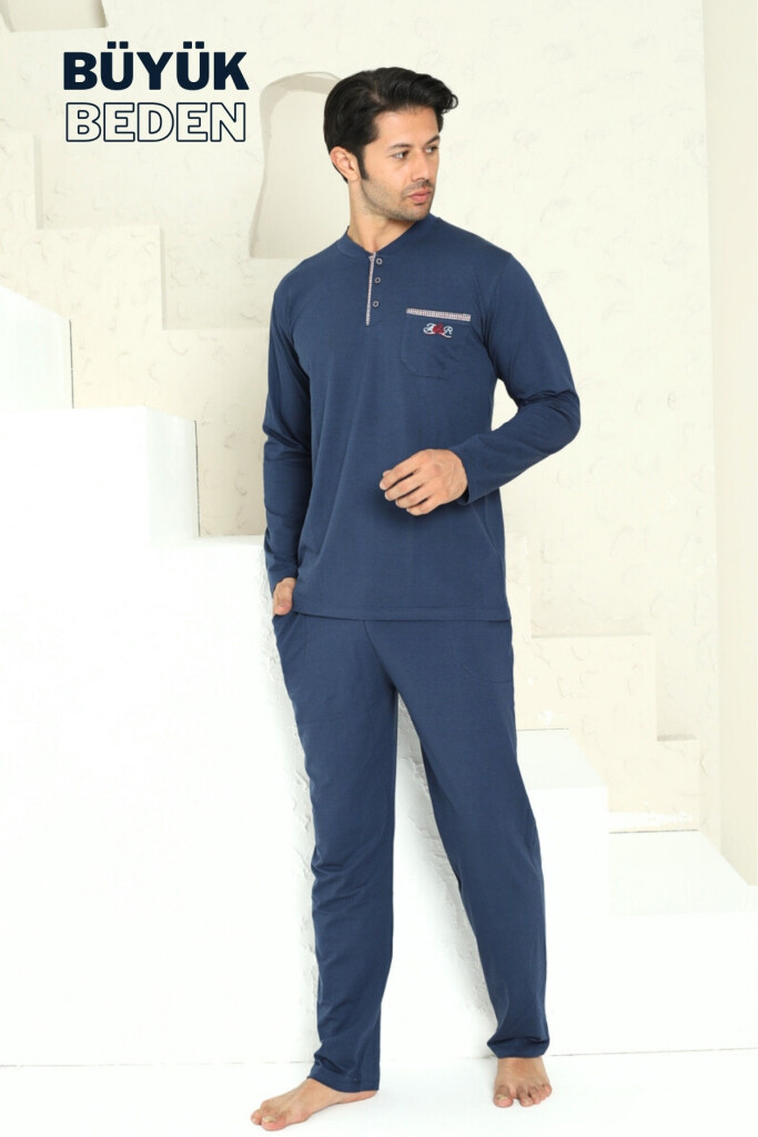 Büyük Beden Erkek Pijama Takımı - İndigo Arma Nakışlı Likralı Penye 1194UYB - 1