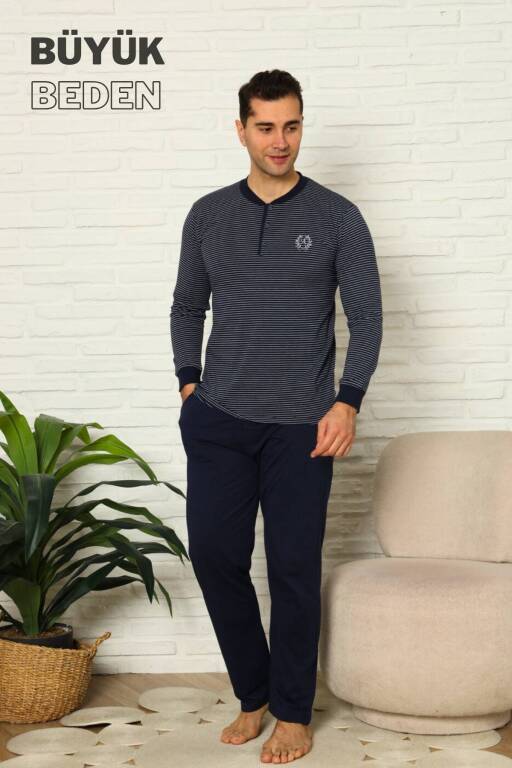 Büyük Beden Erkek Pijama Takımı - Lacivert Çizgili Uzun Kollu Penye 1219UYB - Alimer