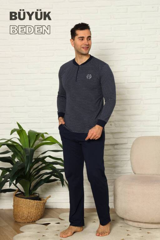 Büyük Beden Erkek Pijama Takımı - Lacivert Çizgili Uzun Kollu Penye 1219UYB - Alimer (1)