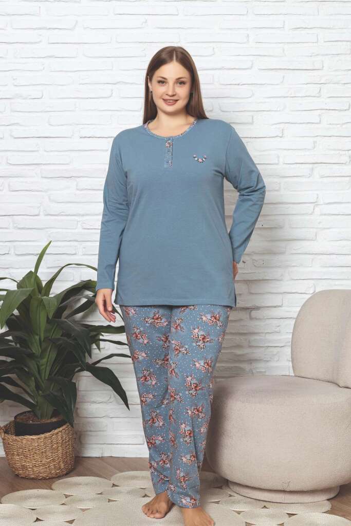 Büyük Beden Kadın Pijama Takımı - İndigo Çiçek Desenli Likralı Pamuk 2892UKBL - 3