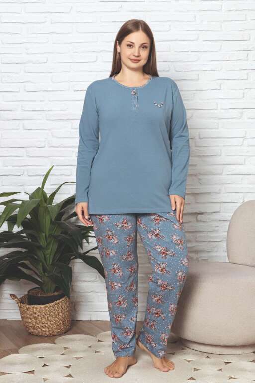 Büyük Beden Kadın Pijama Takımı - İndigo Çiçek Desenli Likralı Pamuk 2892UKBL - 1