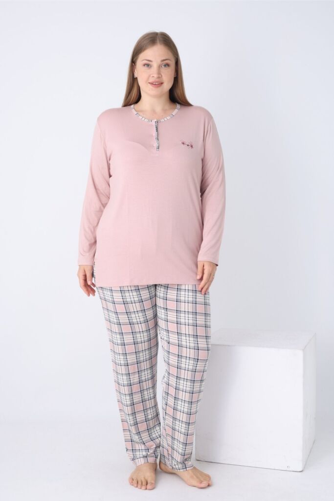 Büyük Beden Kadın Pijama Takımı - Kareli Uzun Kollu Likralı Viskon 2925UYB - 1