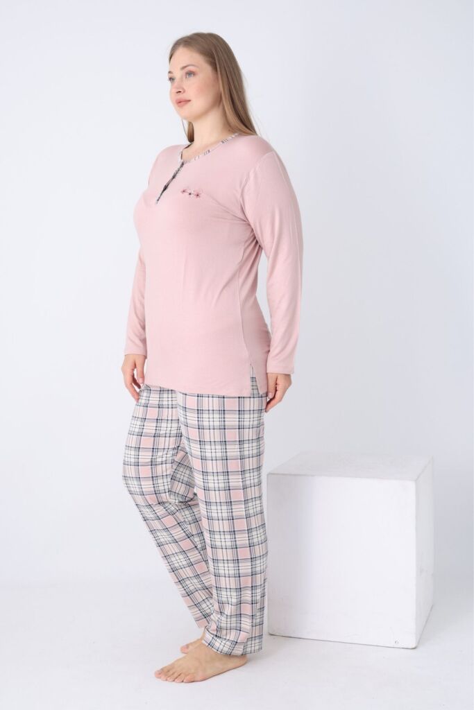 Büyük Beden Kadın Pijama Takımı - Kareli Uzun Kollu Likralı Viskon 2925UYB - 2