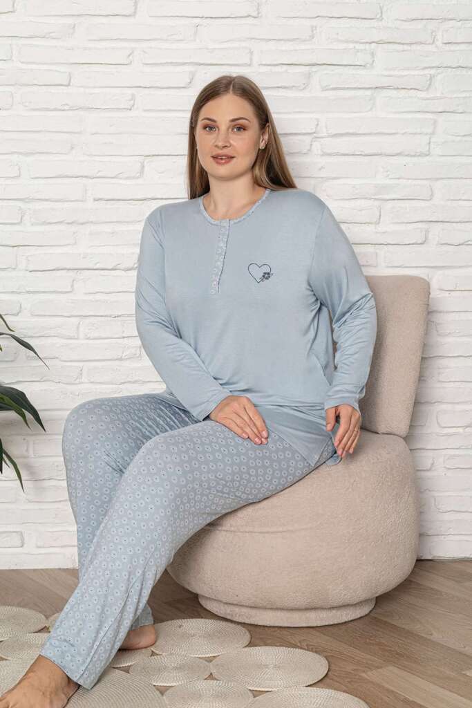 Büyük Beden Kadın Pijama Takımı - Mavi Uzun Kol Likralı Viskon 2924UYB - 2