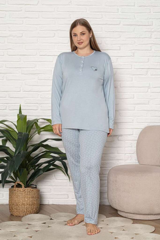 Büyük Beden Kadın Pijama Takımı - Mavi Uzun Kol Likralı Viskon 2924UYB - 1