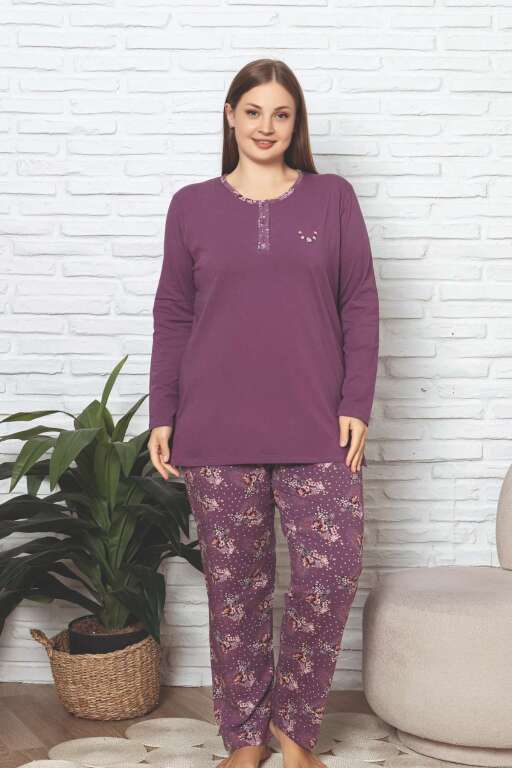 Büyük Beden Kadın Pijama Takımı - Mürdüm Çiçek Desenli Likralı Pamuk 2892UKBL - 1