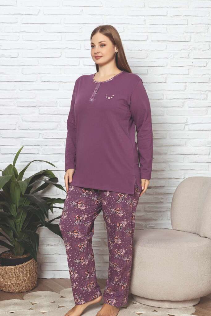 Büyük Beden Kadın Pijama Takımı - Mürdüm Çiçek Desenli Likralı Pamuk 2892UKBL - 3