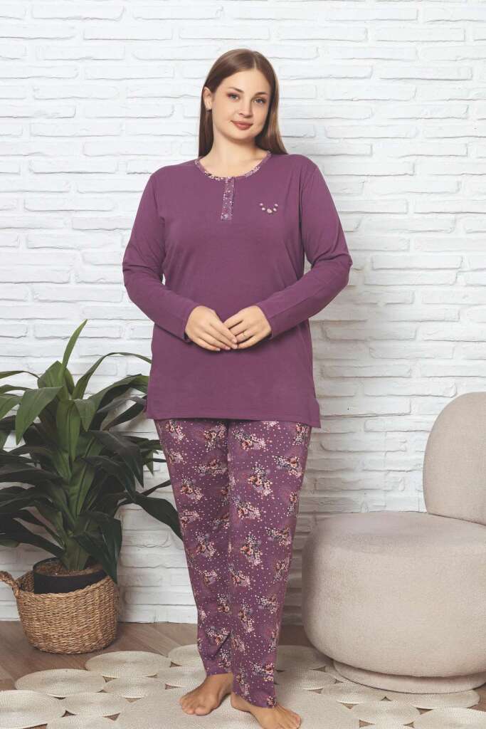 Büyük Beden Kadın Pijama Takımı - Mürdüm Çiçek Desenli Likralı Pamuk 2892UKBL - 4