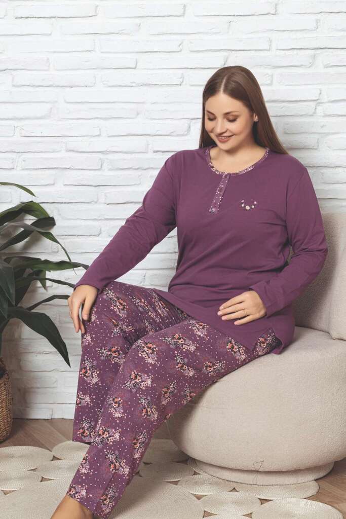 Büyük Beden Kadın Pijama Takımı - Mürdüm Çiçek Desenli Likralı Pamuk 2892UKBL - 2