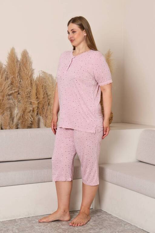 Büyük Beden Kadın Pijama Takımı - Pudra Çiçek Desenli Likralı Viskon 2915BB - Alimer (1)