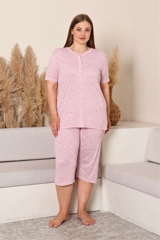 Büyük Beden Kadın Pijama Takımı - Pudra Çiçek Desenli Likralı Viskon 2915BB - Alimer