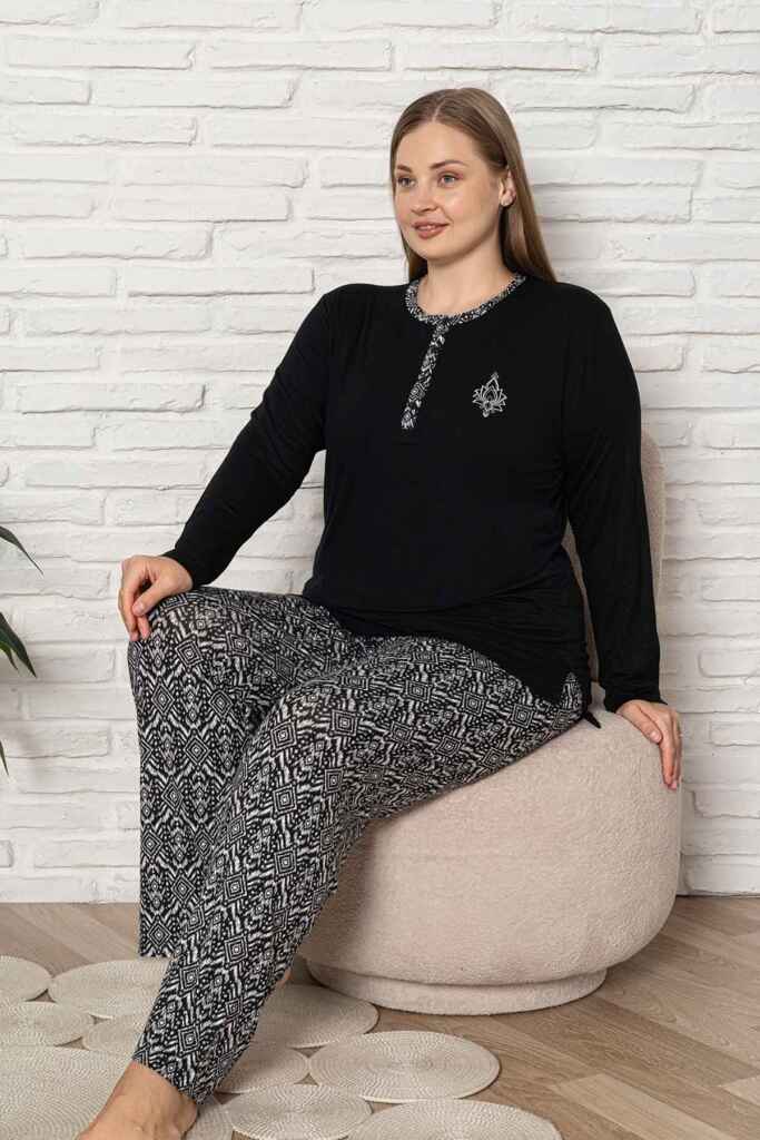 Büyük Beden Kadın Pijama Takımı - Siyah Etnik Desen Uzun Kol Likralı Kumaş 2921UYB - 2