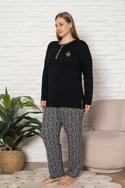 Büyük Beden Kadın Pijama Takımı - Siyah Etnik Desen Uzun Kol Likralı Kumaş 2921UYB - 4