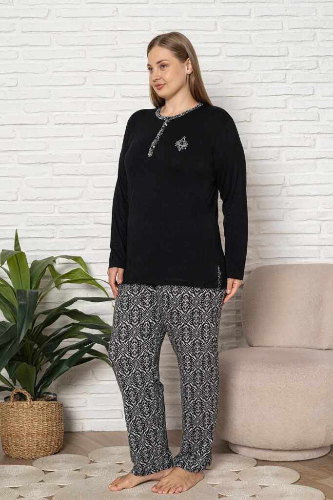 Büyük Beden Kadın Pijama Takımı - Siyah Etnik Desen Uzun Kol Likralı Kumaş 2921UYB - 4