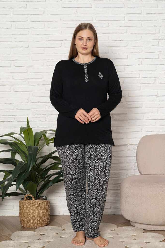 Büyük Beden Kadın Pijama Takımı - Siyah Etnik Desen Uzun Kol Likralı Kumaş 2921UYB - 1