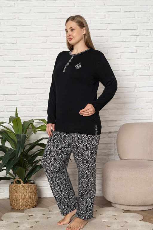 Büyük Beden Kadın Pijama Takımı - Siyah Etnik Desen Uzun Kol Likralı Kumaş 2921UYB - 3