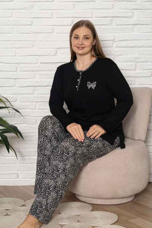 Büyük Beden Kadın Pijama Takımı - Siyah Etnik Desen Uzun Kol Likralı Kumaş 2923UYB - Alimer (1)